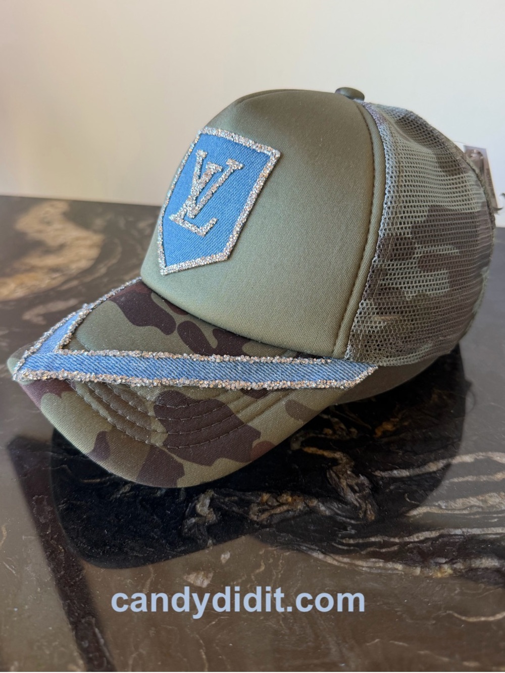 NWT Handmade Olive Green & Camouflage Baseball Cap with Blue Denim Patch - Picture 4 of 9